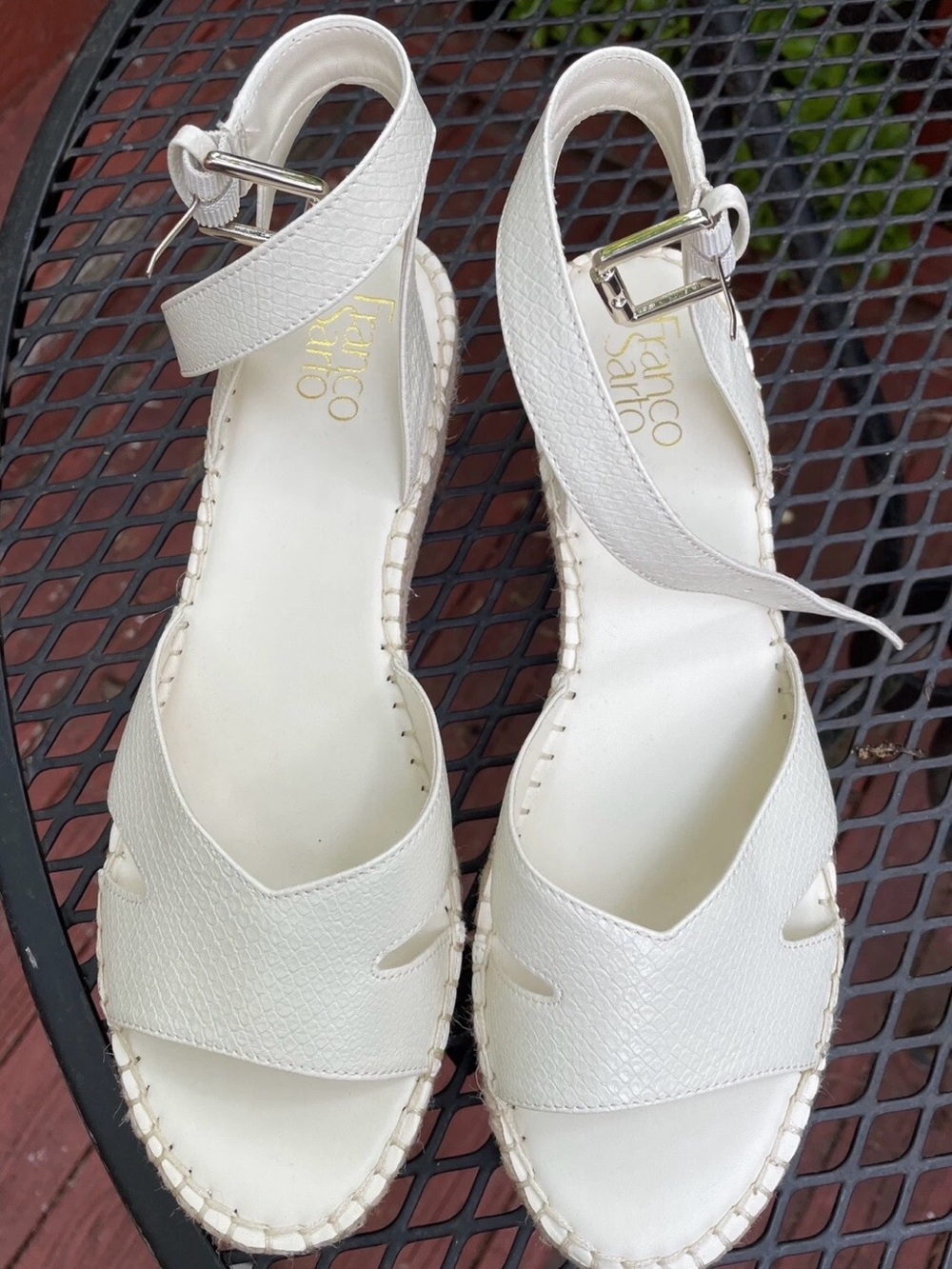 Franco Sarto White Textured Leather Ankle-Strap Sandals